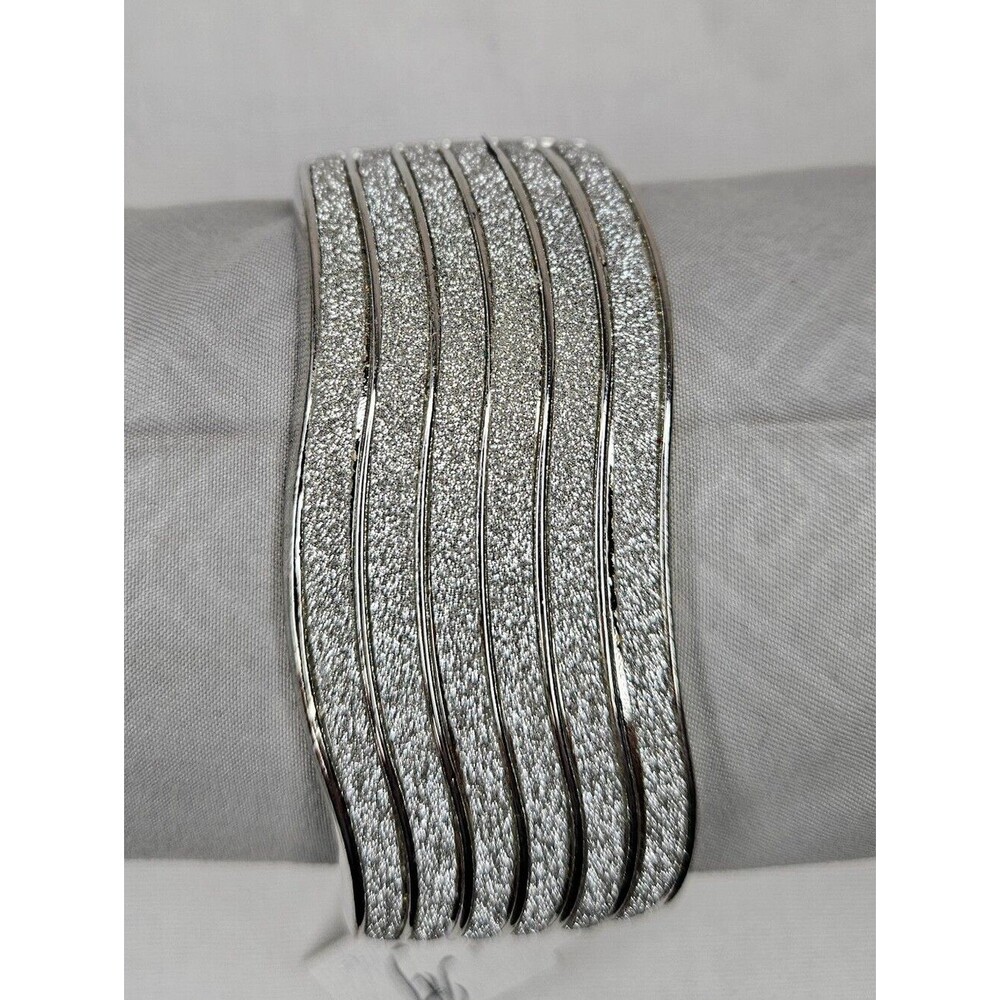 NWT Silver Wave Clamper Bangle Bracelet Textured Glitter Wide Cuff Statement 7"